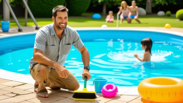 Un hombre limpiando piscina en familia