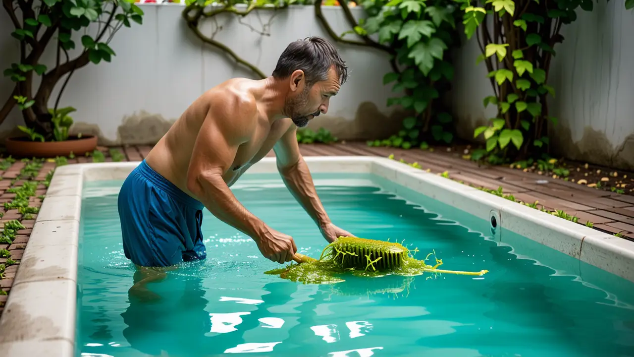 Un hombre contempla la piscina en la luz dorada