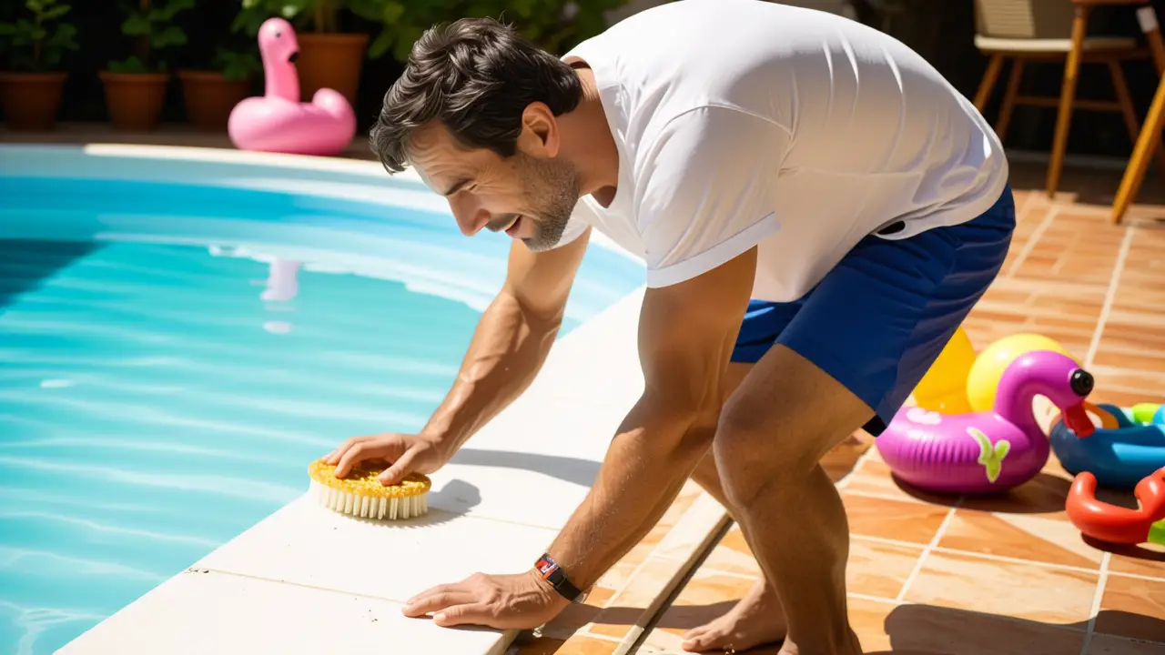 Un hombre español limpia la piscina con calma