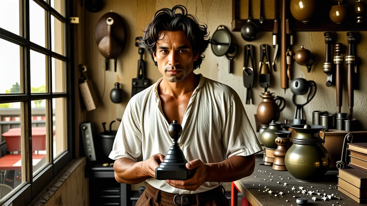 Como limpiar bronce dorado: guía completa y fácil 5 Un hombre pensativo sostiene una escultura en luz cálida