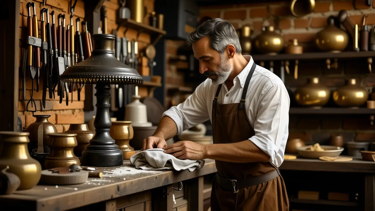 Como limpiar bronce dorado: guía completa y fácil 4 Un hombre puliendo una lámpara en un taller antiguo