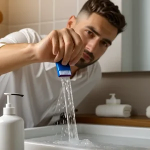 Un hombre pensativo lava su cepillo en baño cálido