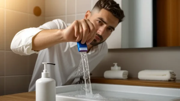 Un hombre pensativo lava su cepillo en baño cálido
