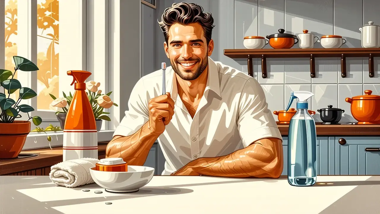 Un hombre sonríe limpiando con higiene