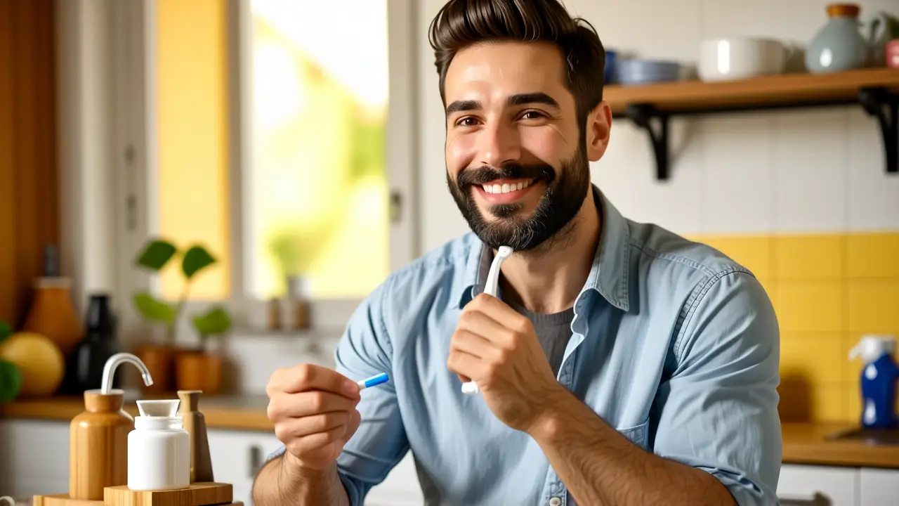 Un hombre español sonríe limpiando dientes en cocina
