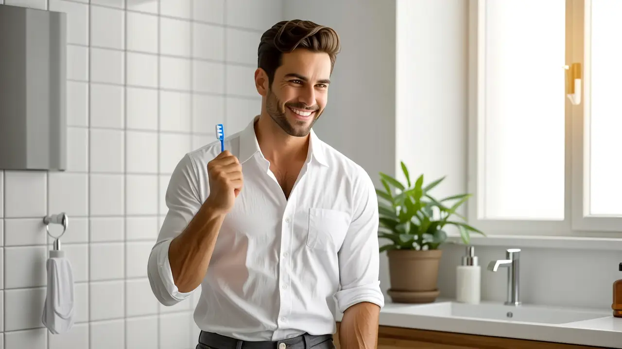 Un hombre español examina un cepillo en baño