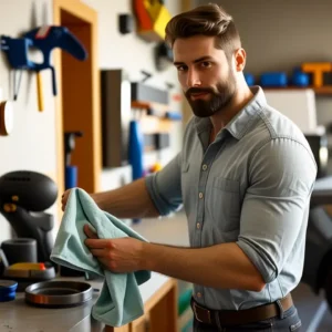 Un hombre en la edad dorada limpia su coche