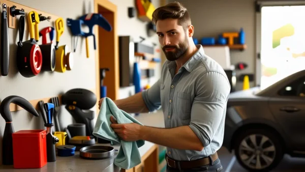 Un hombre en la edad dorada limpia su coche