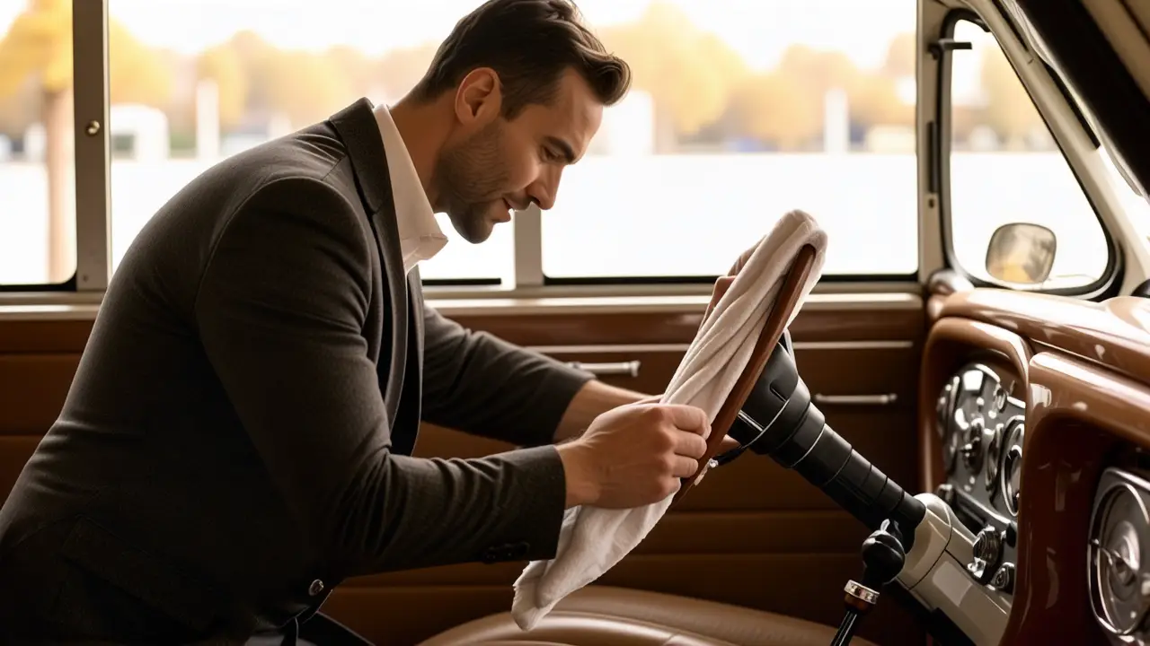 Un hombre elegante limpia un coche vintage con luz cálida
