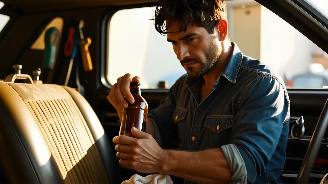 Un hombre español limpia un coche vintage