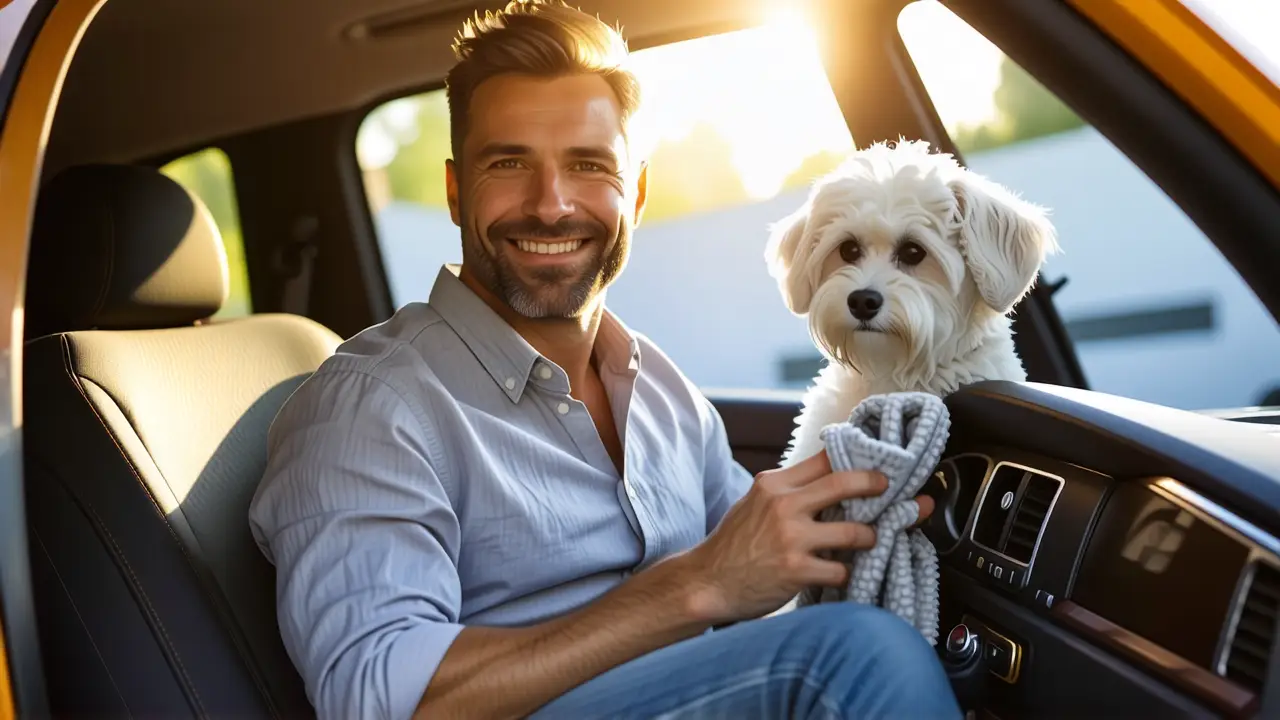 Un hombre sonriente limpia un coche vintage