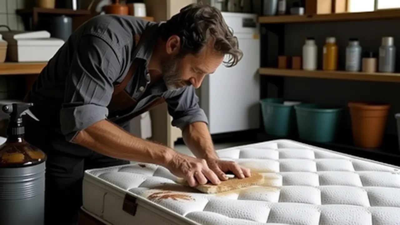 Como limpiar colchon de pipi y manchas 4 Un hombre español limpia con cuidado una mancha