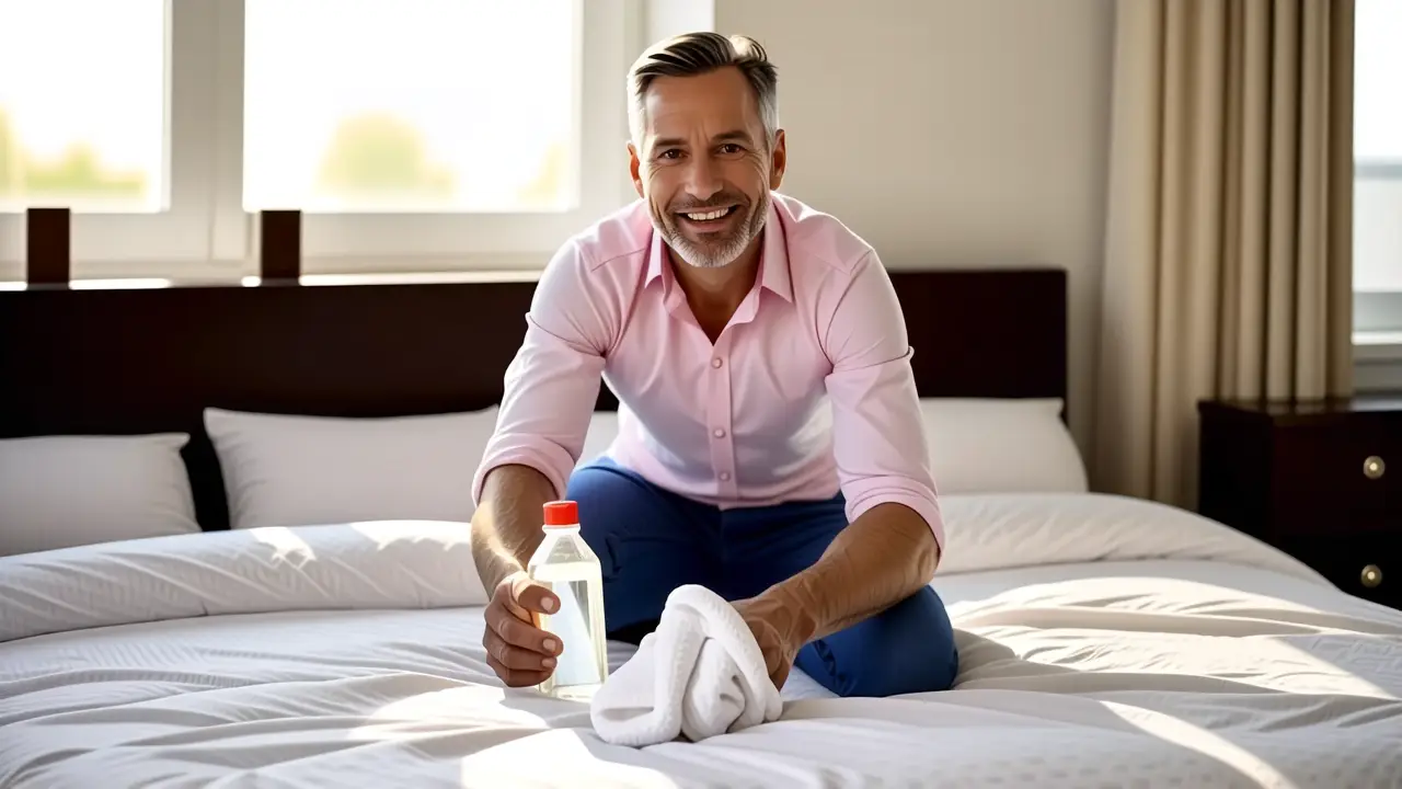 Como limpiar colchon de pipi y manchas 6 Un hombre tranquilo limpia con luz cálida