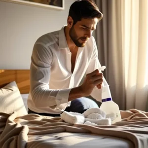 Un hombre preocupado limpia una cama en luz cálida