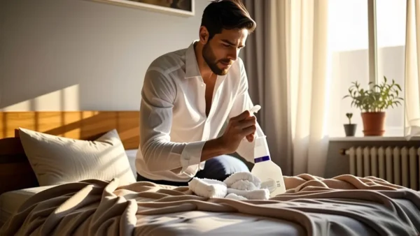Un hombre preocupado limpia una cama en luz cálida