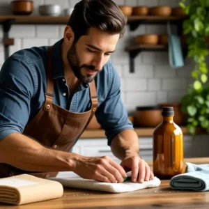Un hombre español limpia con cuidado en casa