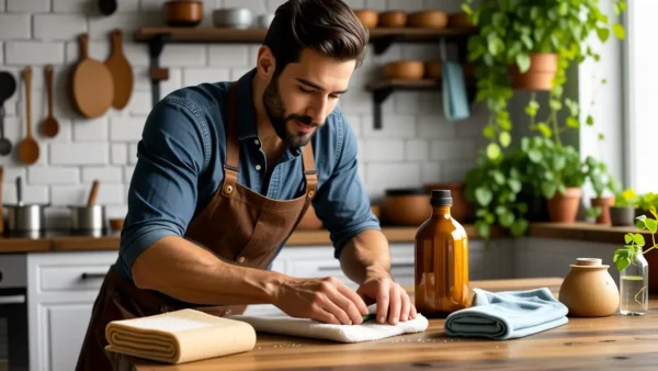 Un hombre español limpia con cuidado en casa