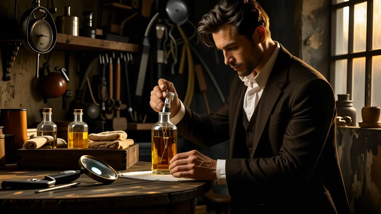 Un hombre serio mide líquido en taller