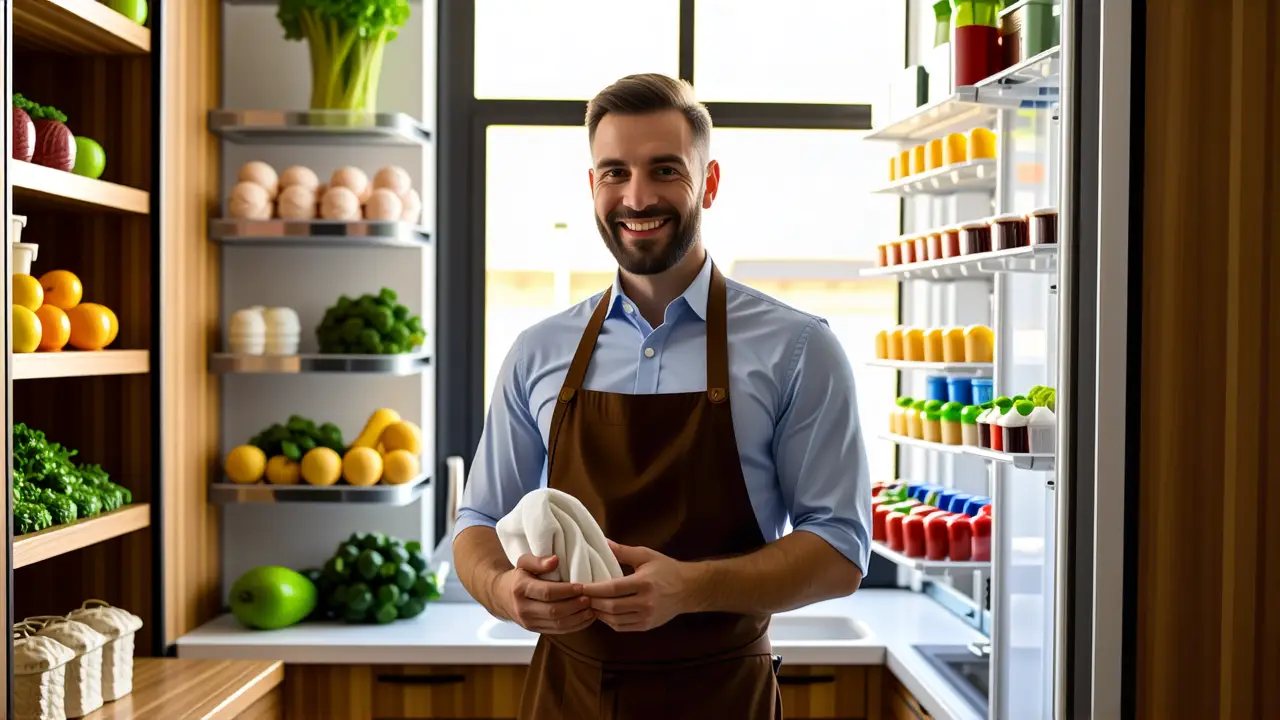 Un hombre sonriente limpia una cocina fresca