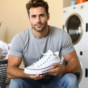 Un hombre melancólico exhibe zapatillas en lavandería