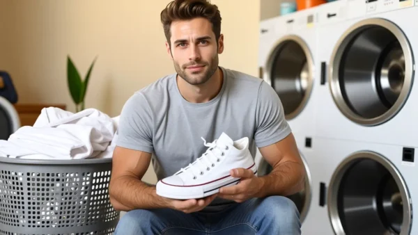 Un hombre melancólico exhibe zapatillas en lavandería