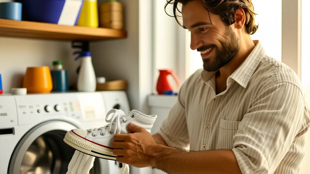Un hombre blanco limpia zapatillas con calidez vintage