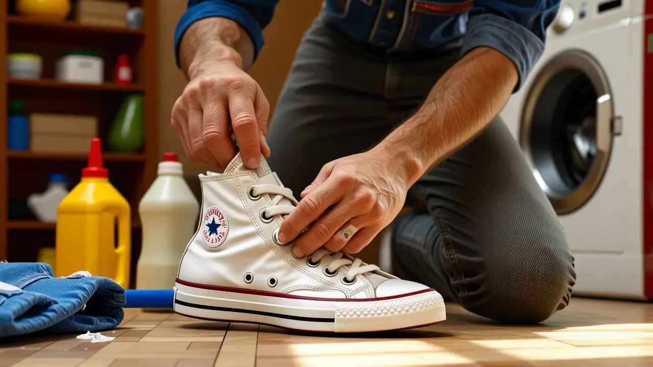 Un hombre español limpia zapatillas con luz cálida