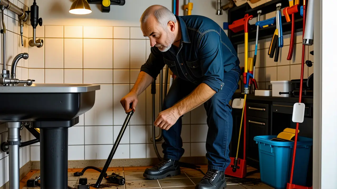 Limpiar desague: Evita obstrucciones y olores 3 Un hombre resuelve problemas con determinación en la oscuridad