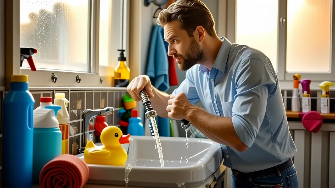 Limpiar desague: Evita obstrucciones y olores 4 Un hombre preocupado lucha con la suciedad