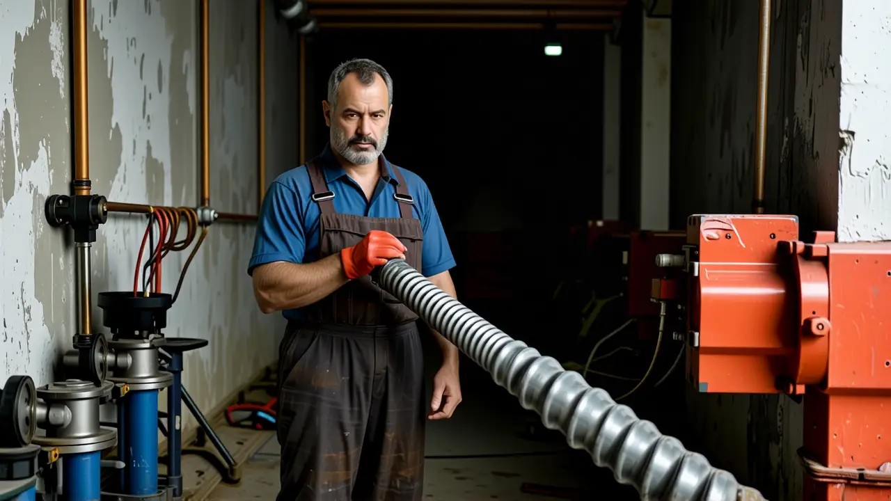 Un hombre serio trabaja diligentemente en un taller oscuro
