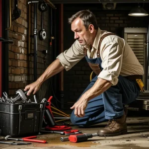 Un hombre trabaja en un sótano oscuro