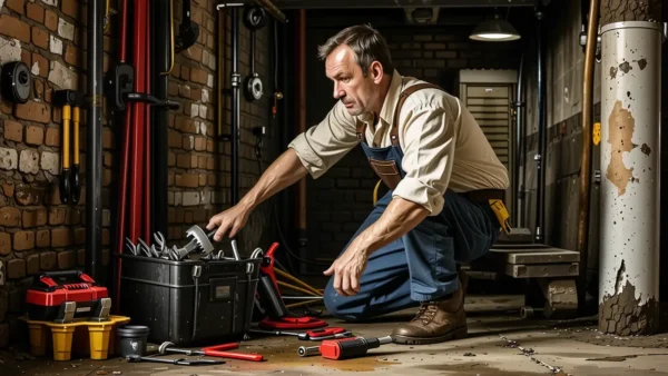 Un hombre trabaja en un sótano oscuro