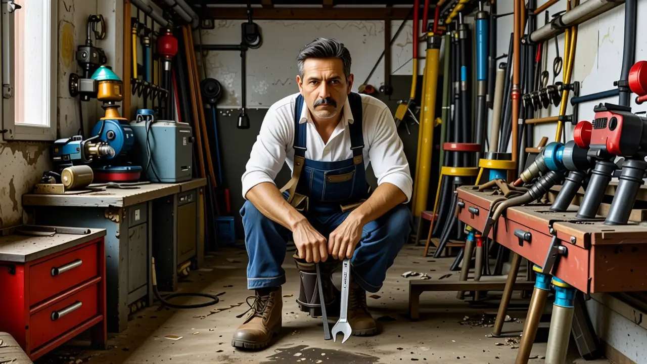 Un plomero resuelve problemas en un taller sucio