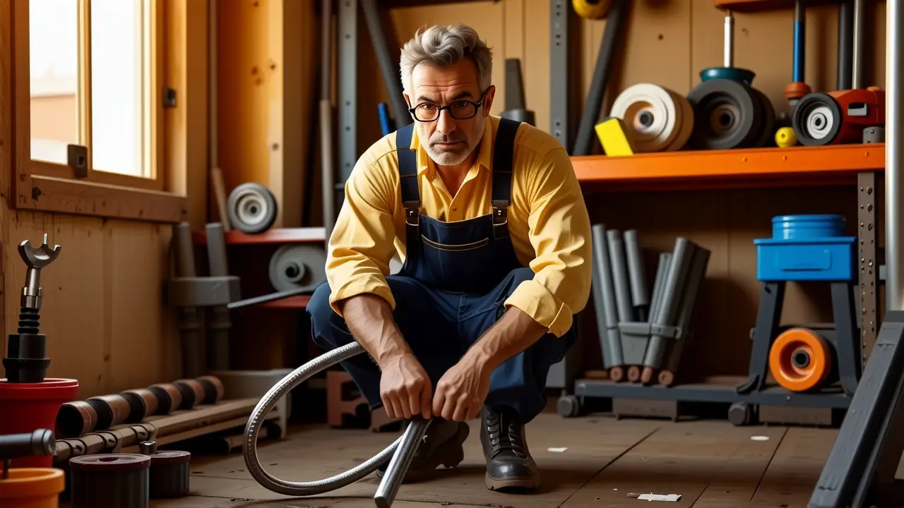 Un hombre preocupado arregla tuberías en un taller