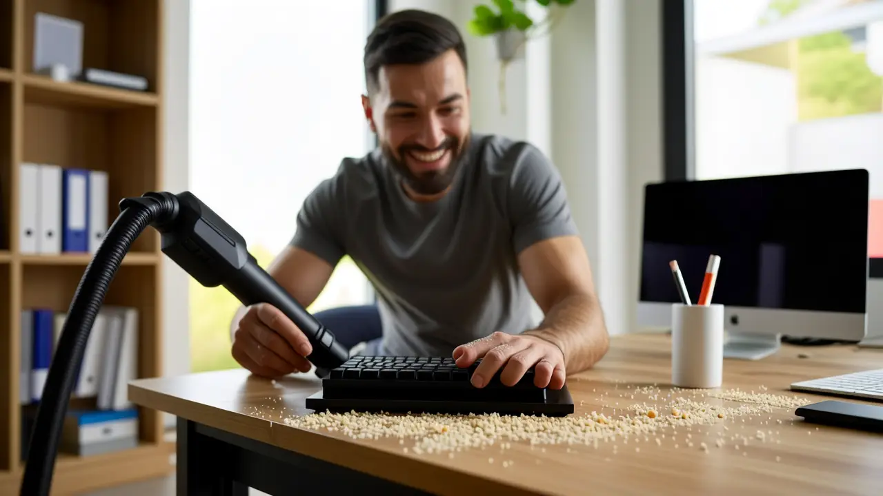 Un hombre limpia con cuidado su escritorio