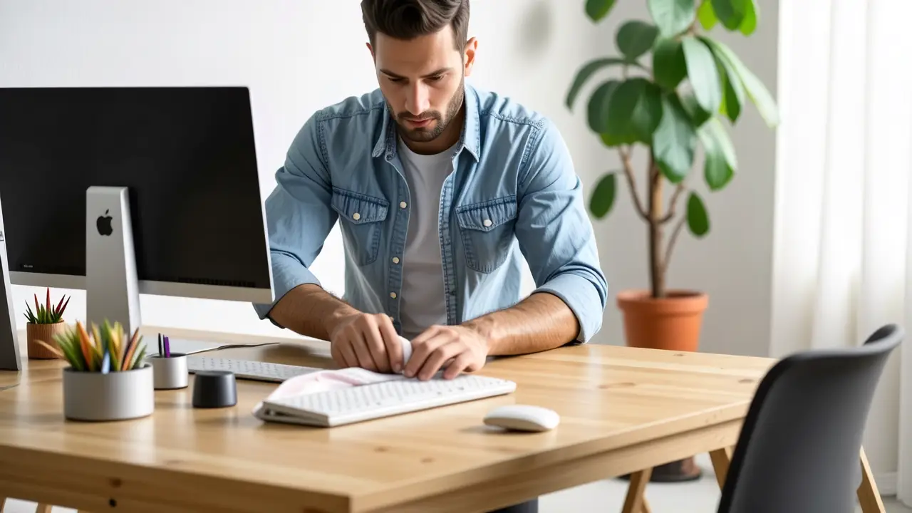 Un hombre limpio limpia un teclado con cuidado