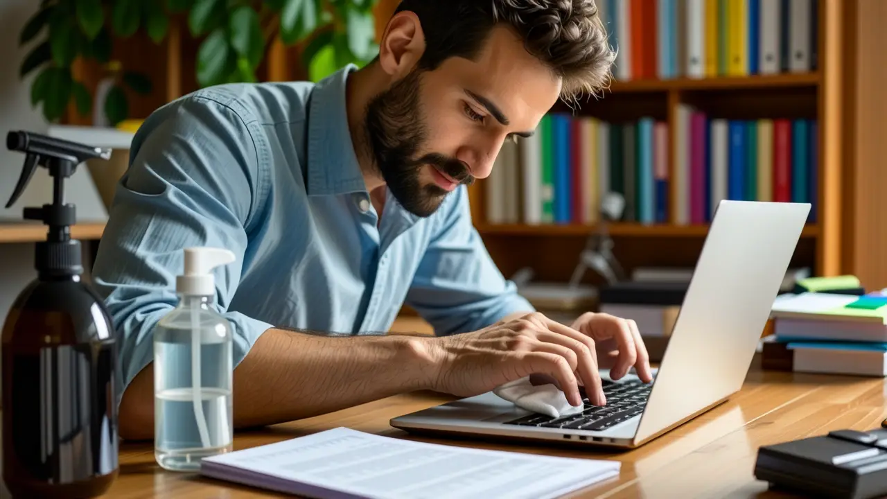 Un hombre pensativo limpia su laptop con calma