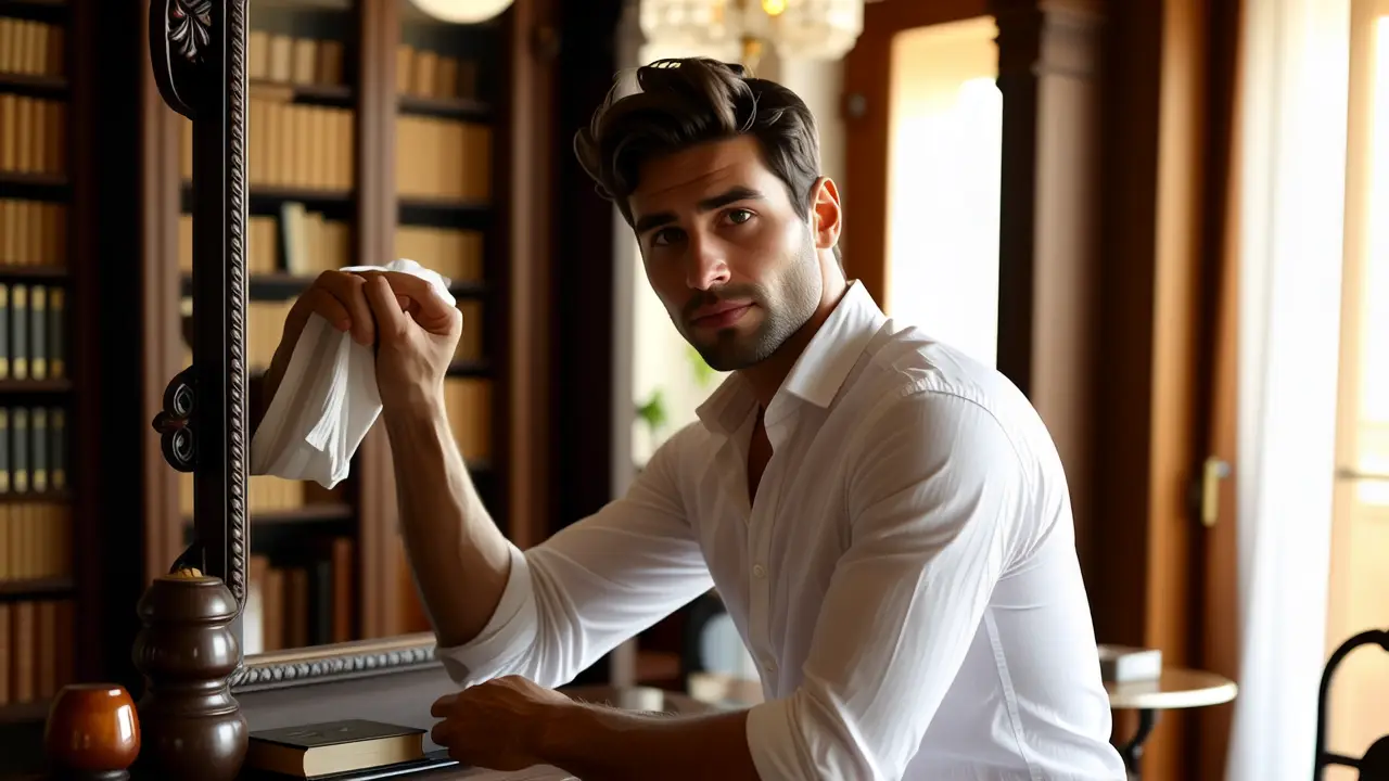 Un hombre elegante contempla su reflejo en la luz