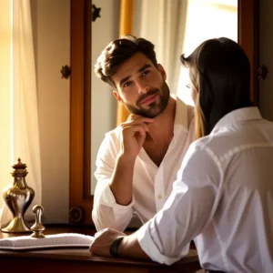 Un hombre pensativo refleja luz dorada en espejo