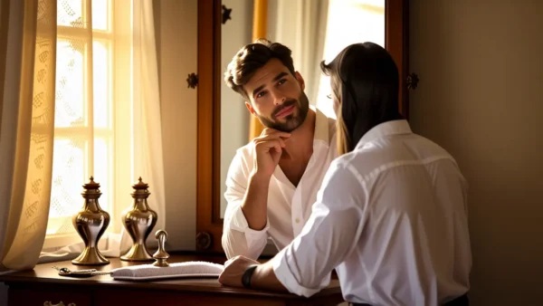 Un hombre pensativo refleja luz dorada en espejo