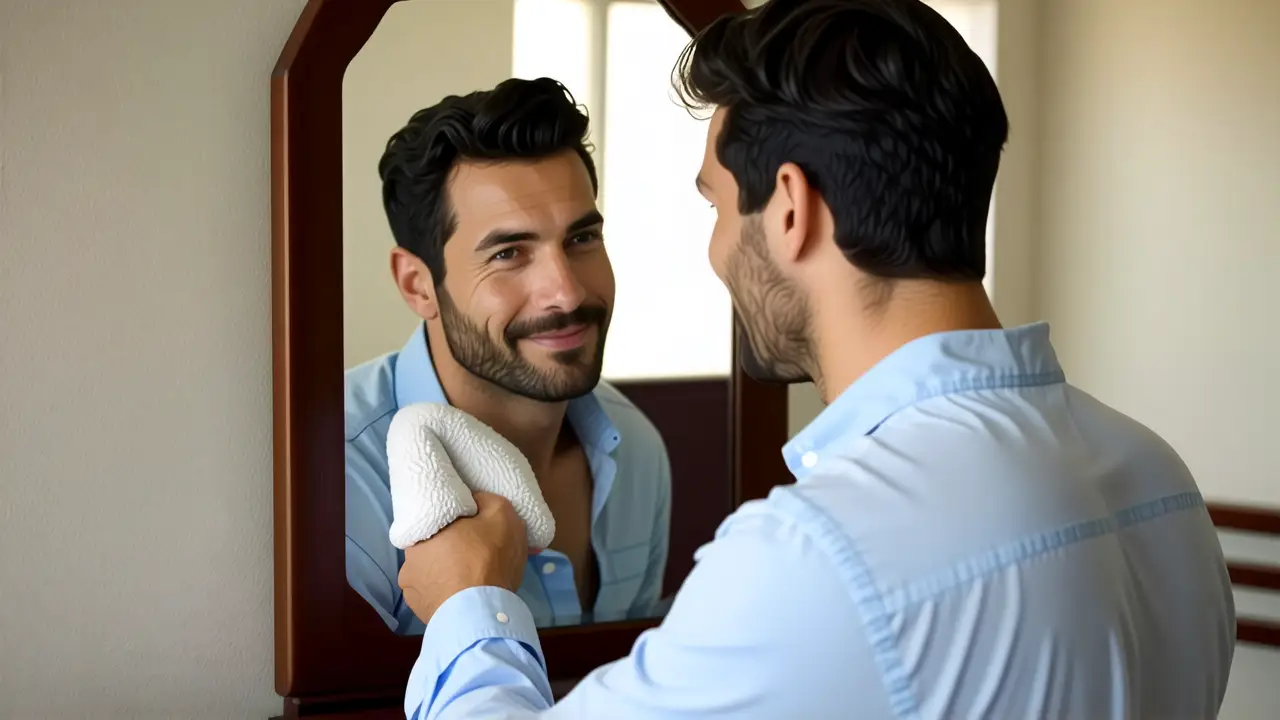 Un hombre pensativo limpia un espejo