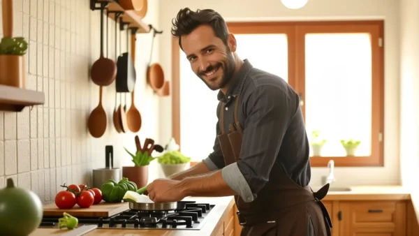 Un hombre español sonríe en cocina rústica