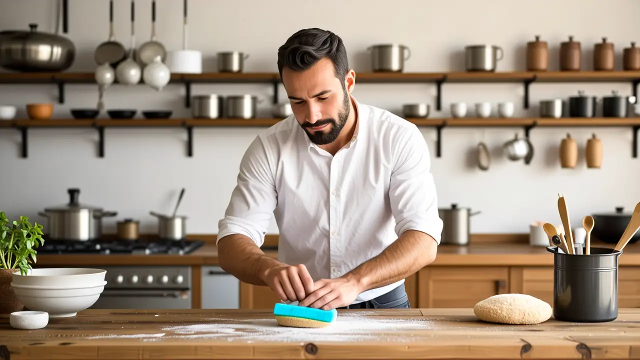 Un hombre español limpia con cuidado en su cocina cálida