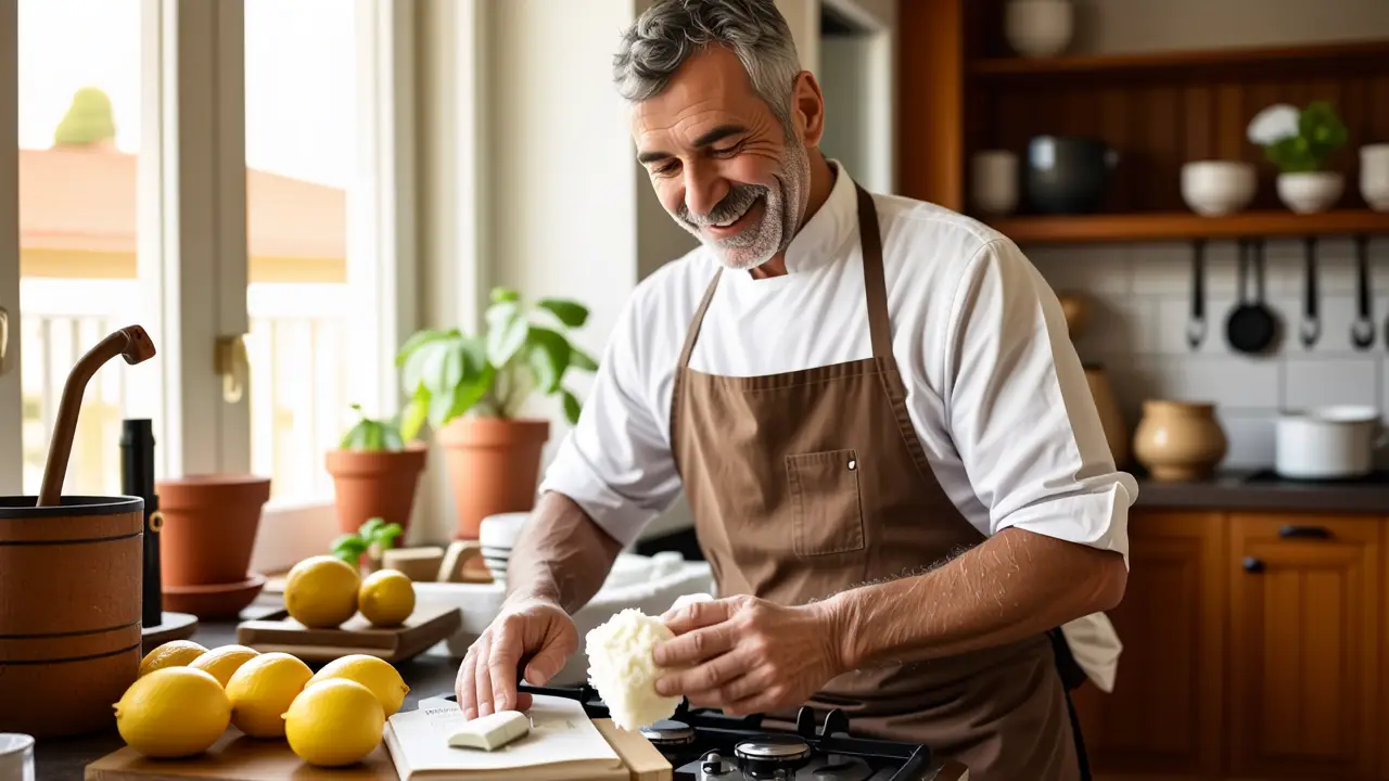Un hombre amable limpia una cocina acogedora