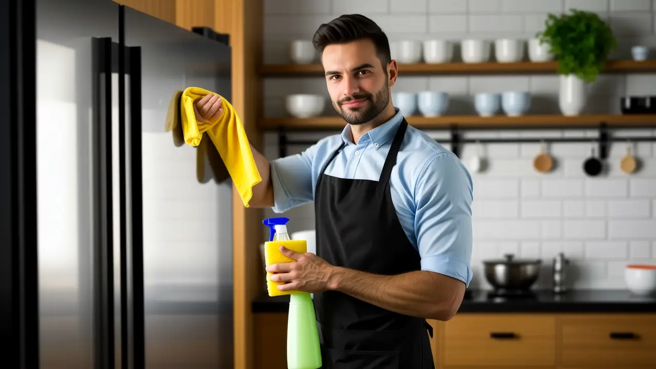 Un hombre limpia con esfuerzo una cocina reluciente