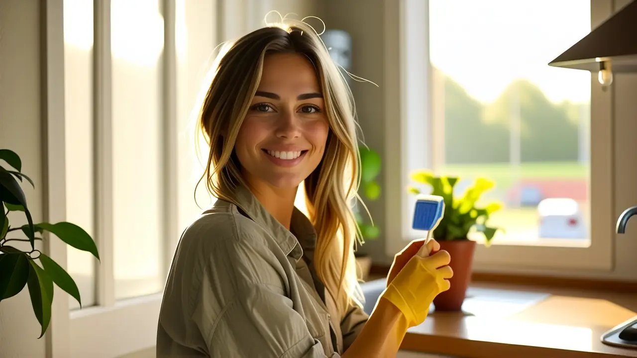 Rutina de Limpieza: Casa Limpia Fácilmente 2 Mujer sonriente limpia una cocina cálida