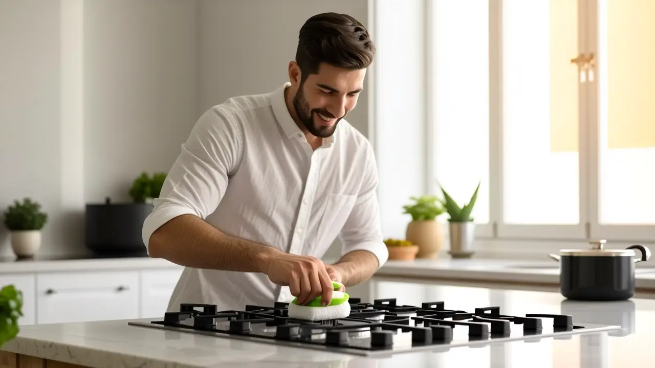 Un hombre limpiando con cuidado en cocina