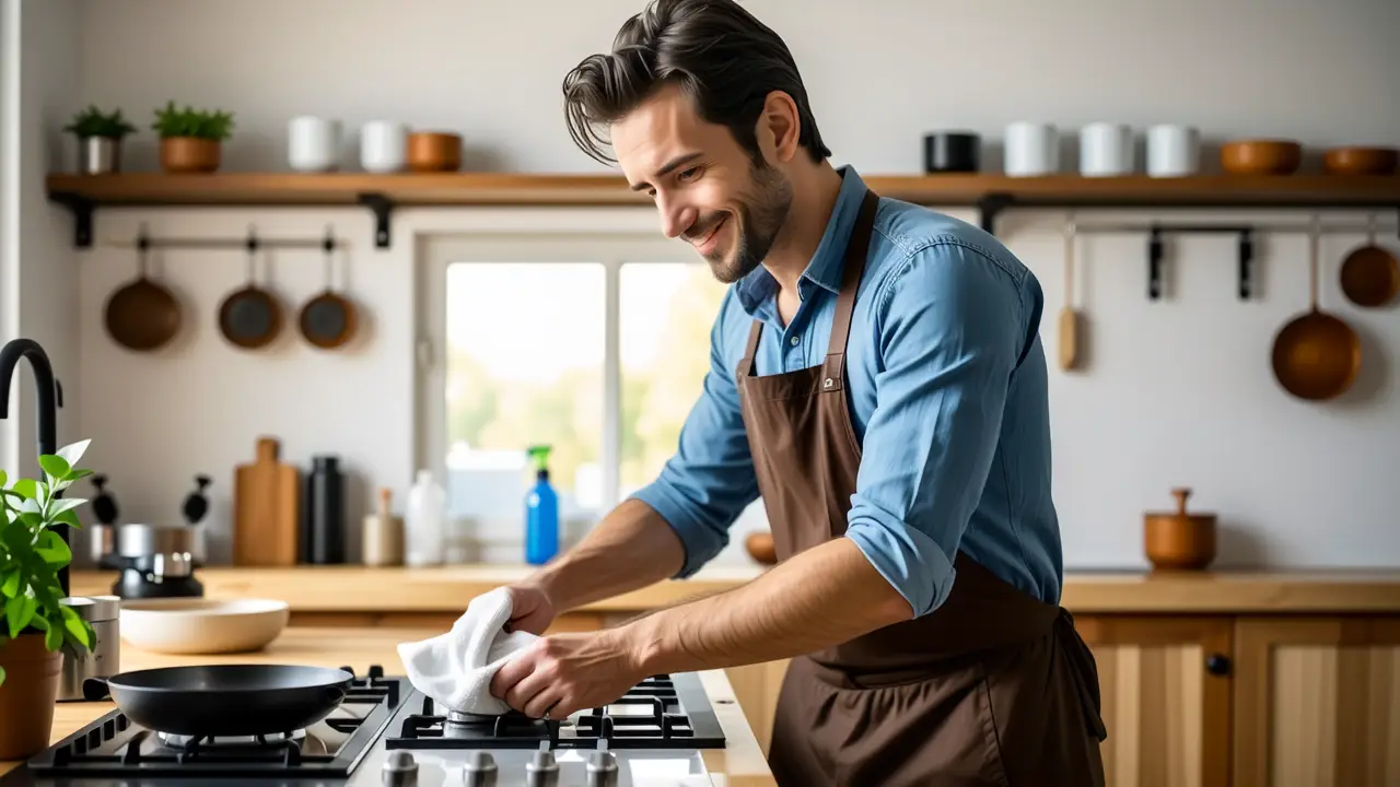 Un hombre español limpia con cuidado