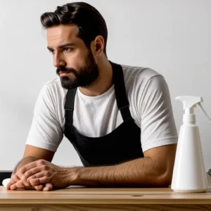 Un hombre pensativo en cerámica texturizada y luz cálida