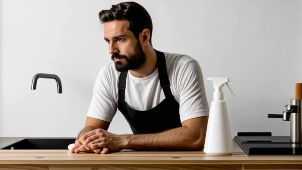 Un hombre pensativo en cerámica texturizada y luz cálida